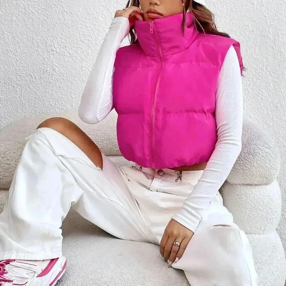Hot Pink Casual Women's Y2k Zipper Front Vest Padded Coat